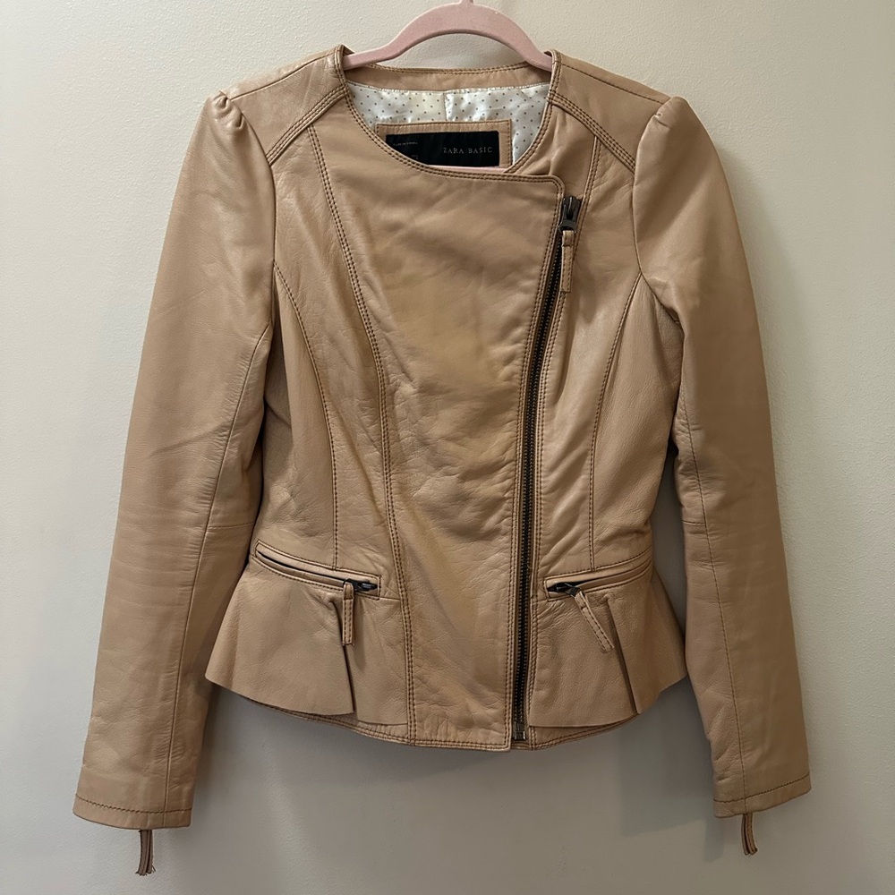 Zara Tan Real Leather Jacket Asymmetrical Zip Peplum